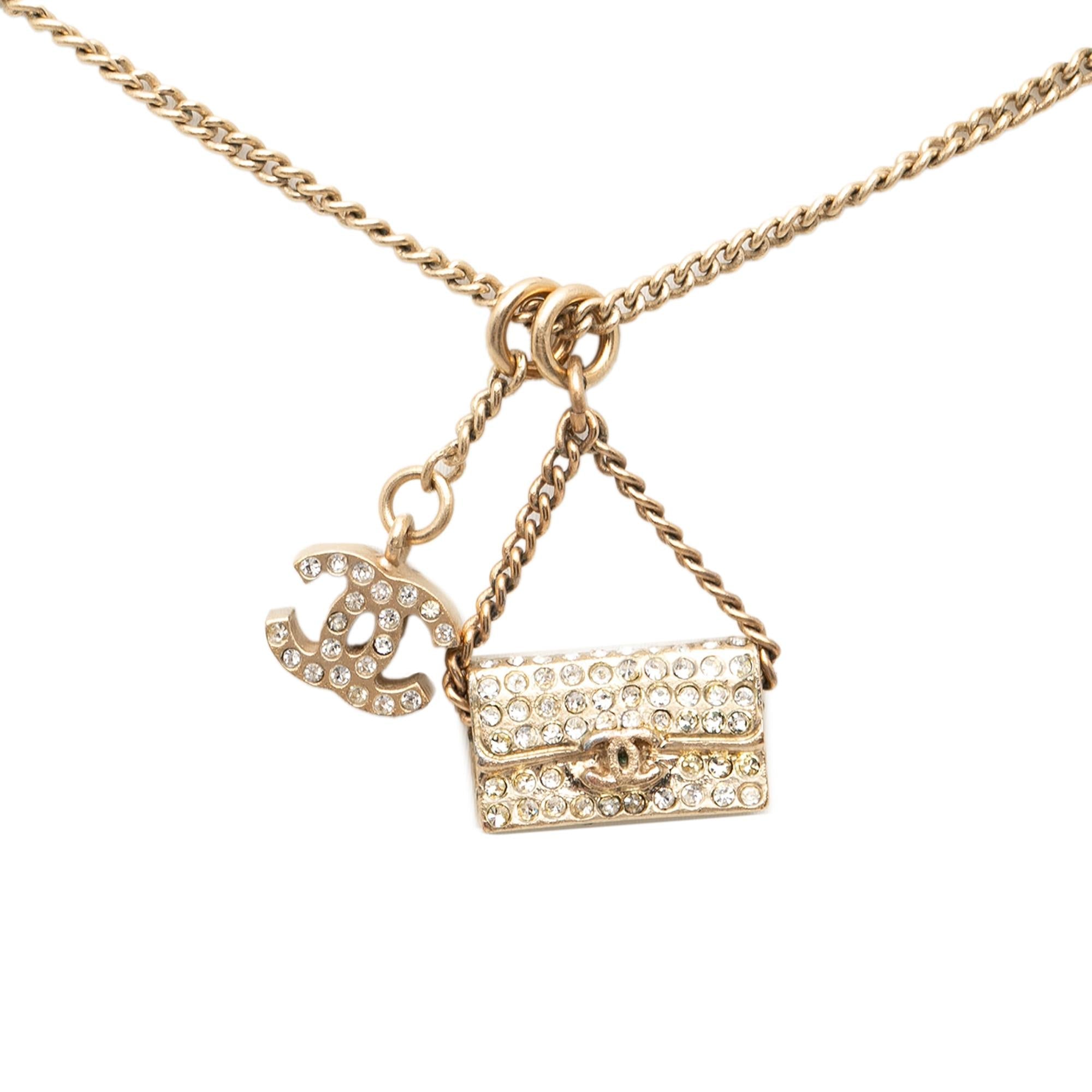 Chanel Gold Plated Rhinestone CC and Flap Bag Pendant Necklace