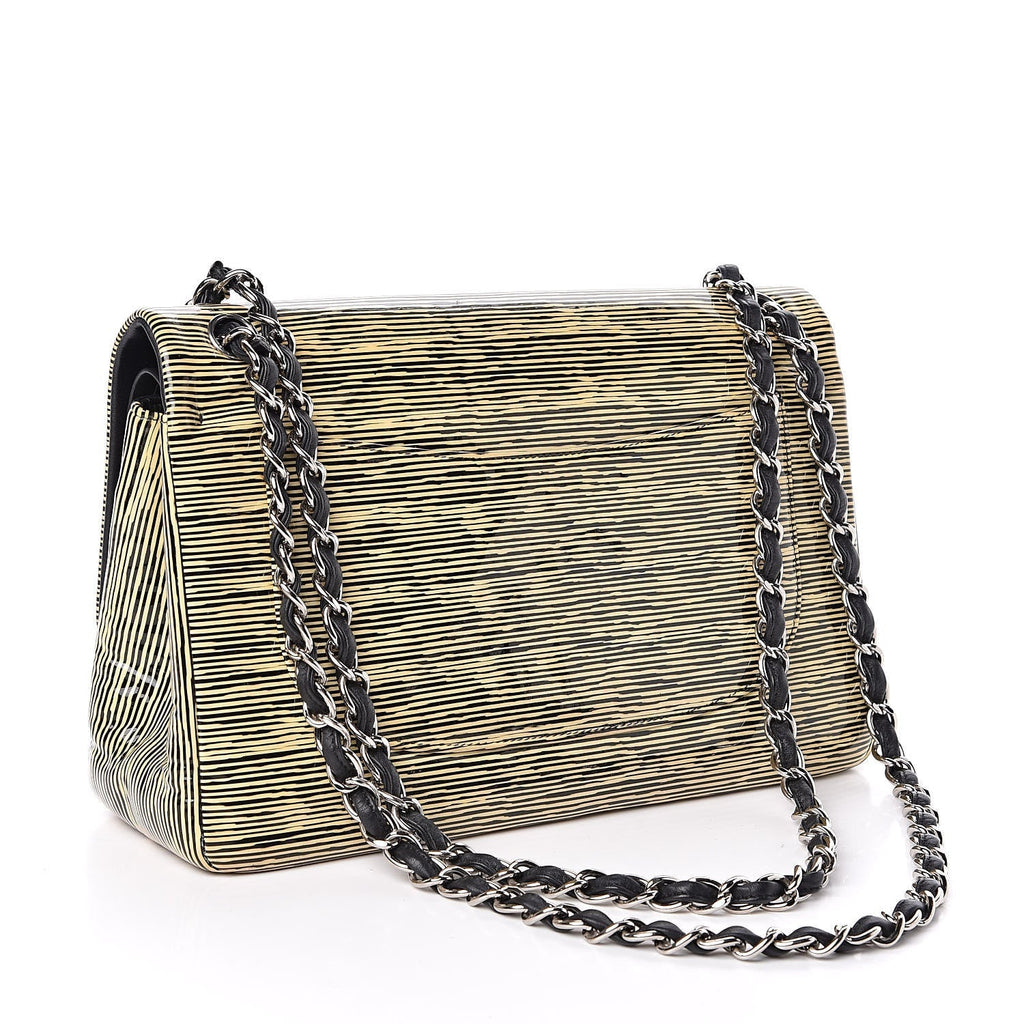 CHANEL Patent Calfskin Striped Jumbo Double Flap