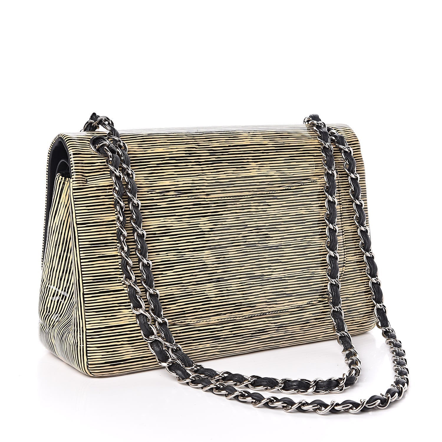 CHANEL Patent Calfskin Striped Jumbo Double Flap