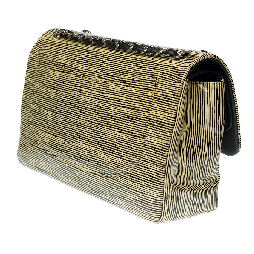 CHANEL Patent Calfskin Striped Jumbo Double Flap