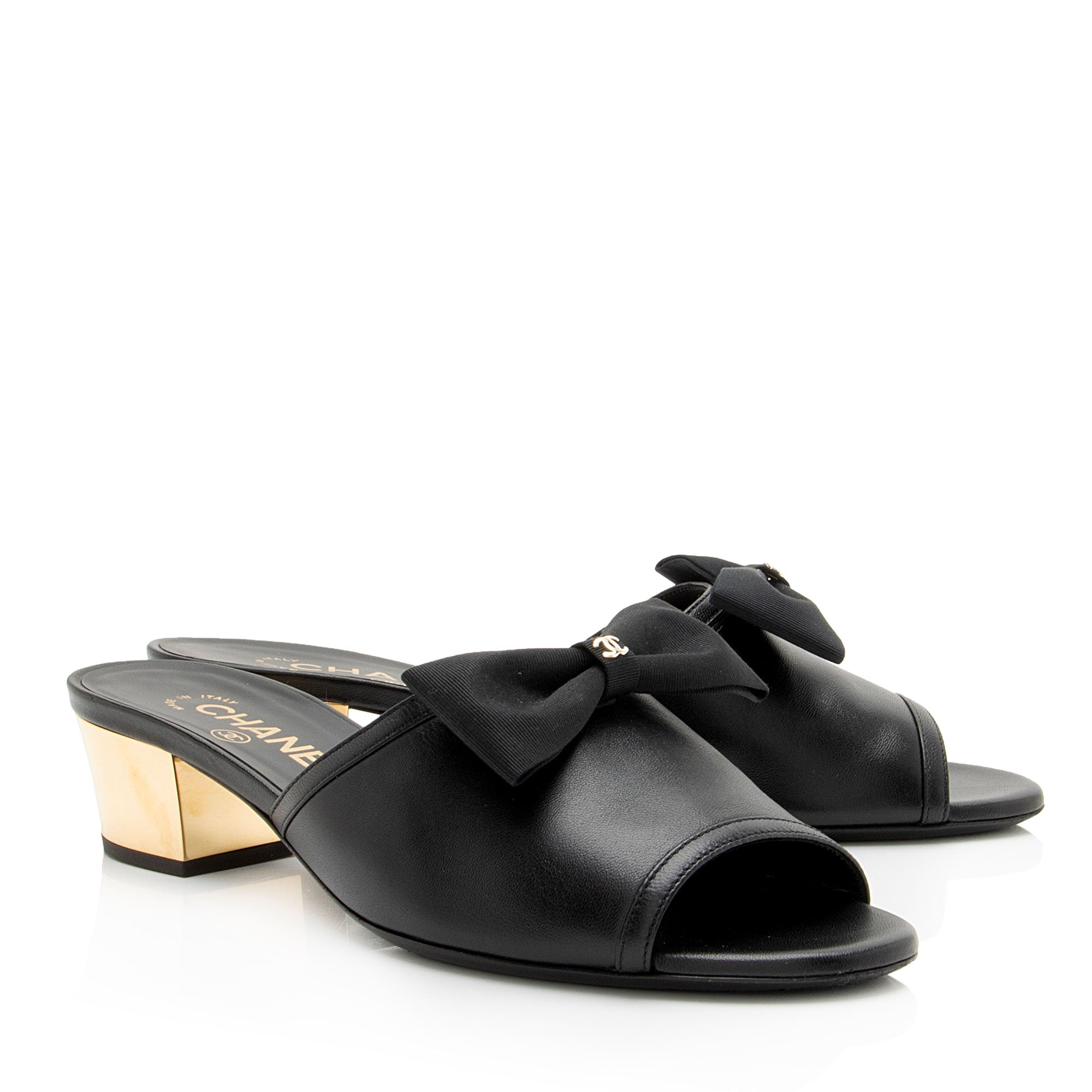 Chanel Lambskin CC Bow Mules - Size 7 / 37