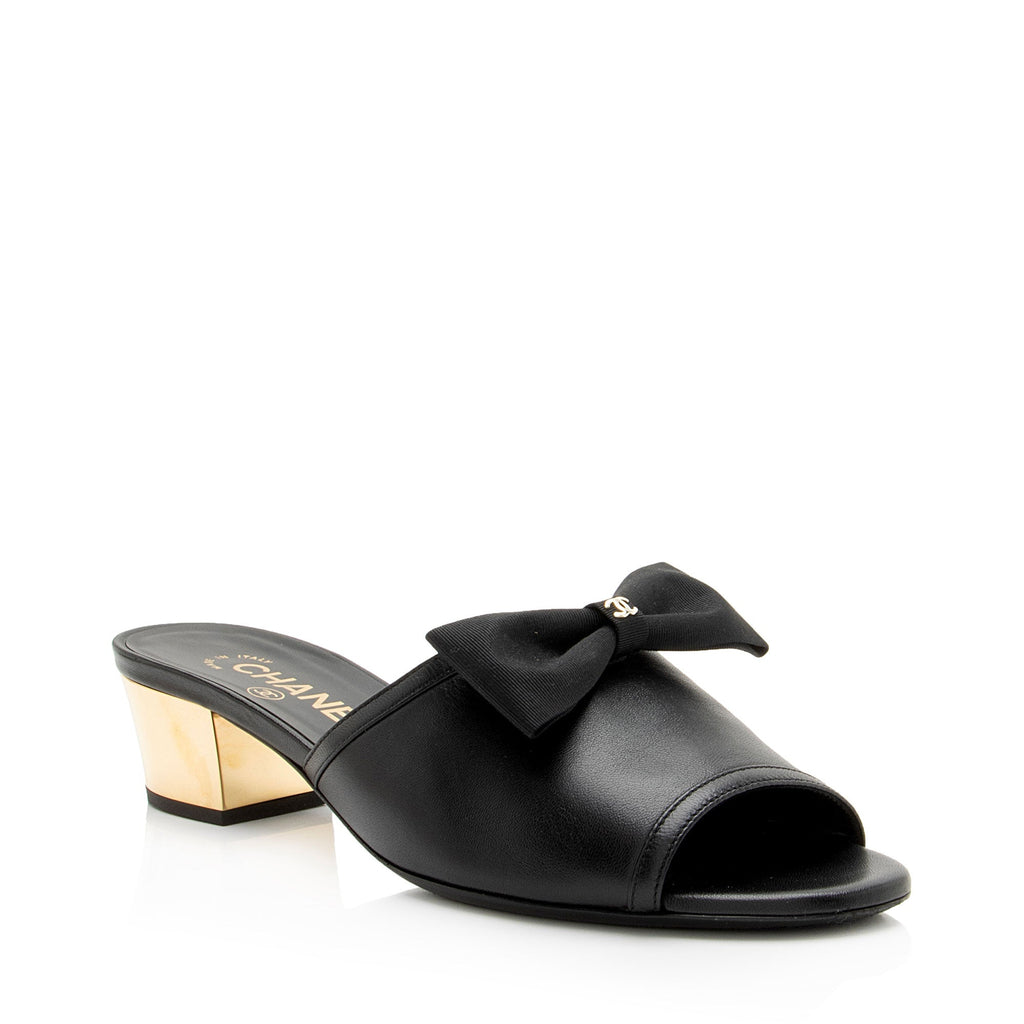 Chanel Lambskin CC Bow Mules - Size 7 / 37