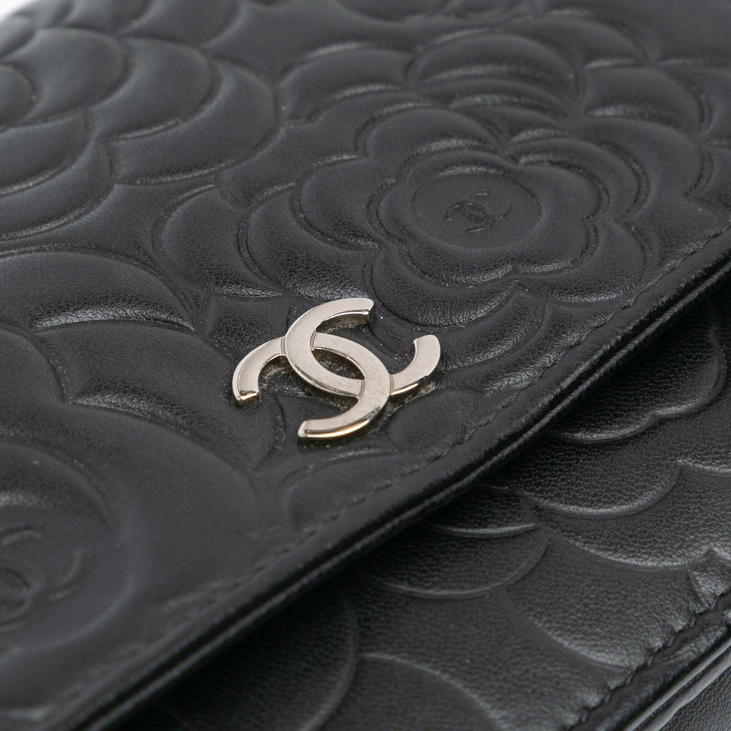 Chanel Lambskin Camellia Embossed Wallet On Chain