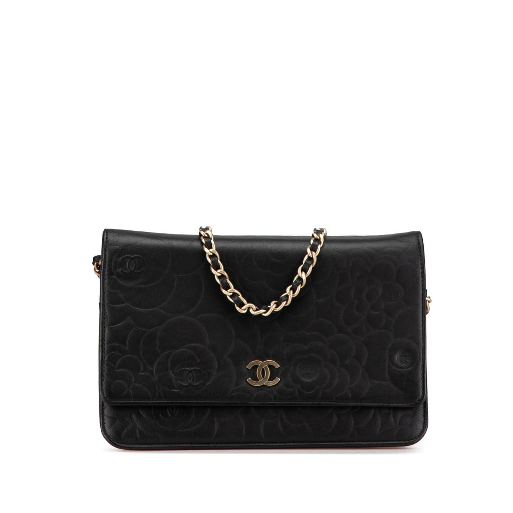 Chanel Lambskin Camellia Embossed Wallet On Chain