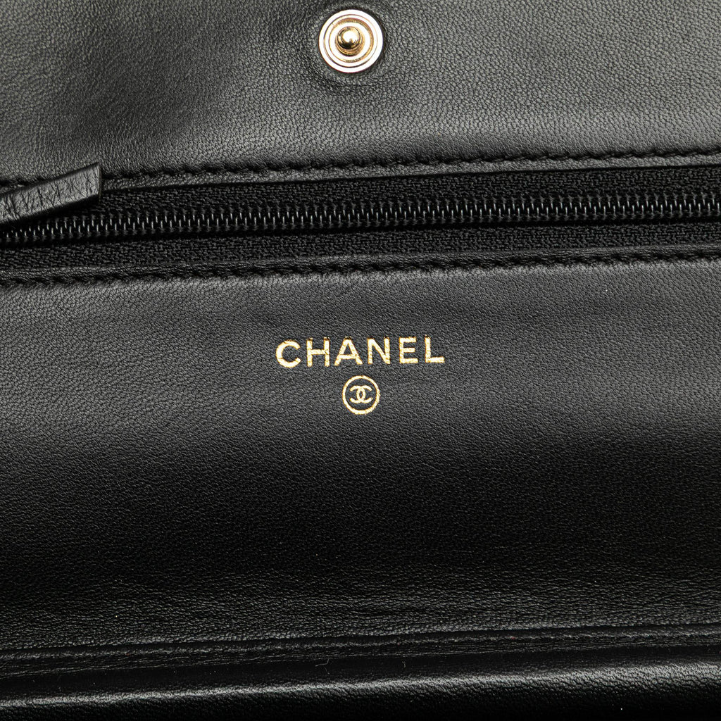 Chanel Lambskin Camellia Embossed Wallet On Chain