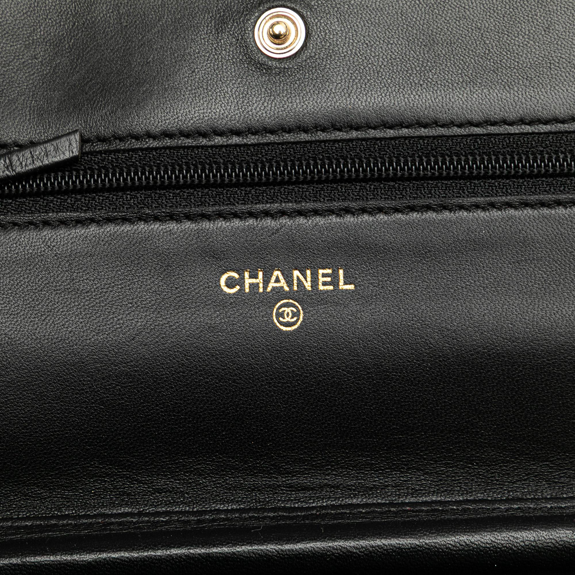 Chanel Lambskin Camellia Embossed Wallet On Chain