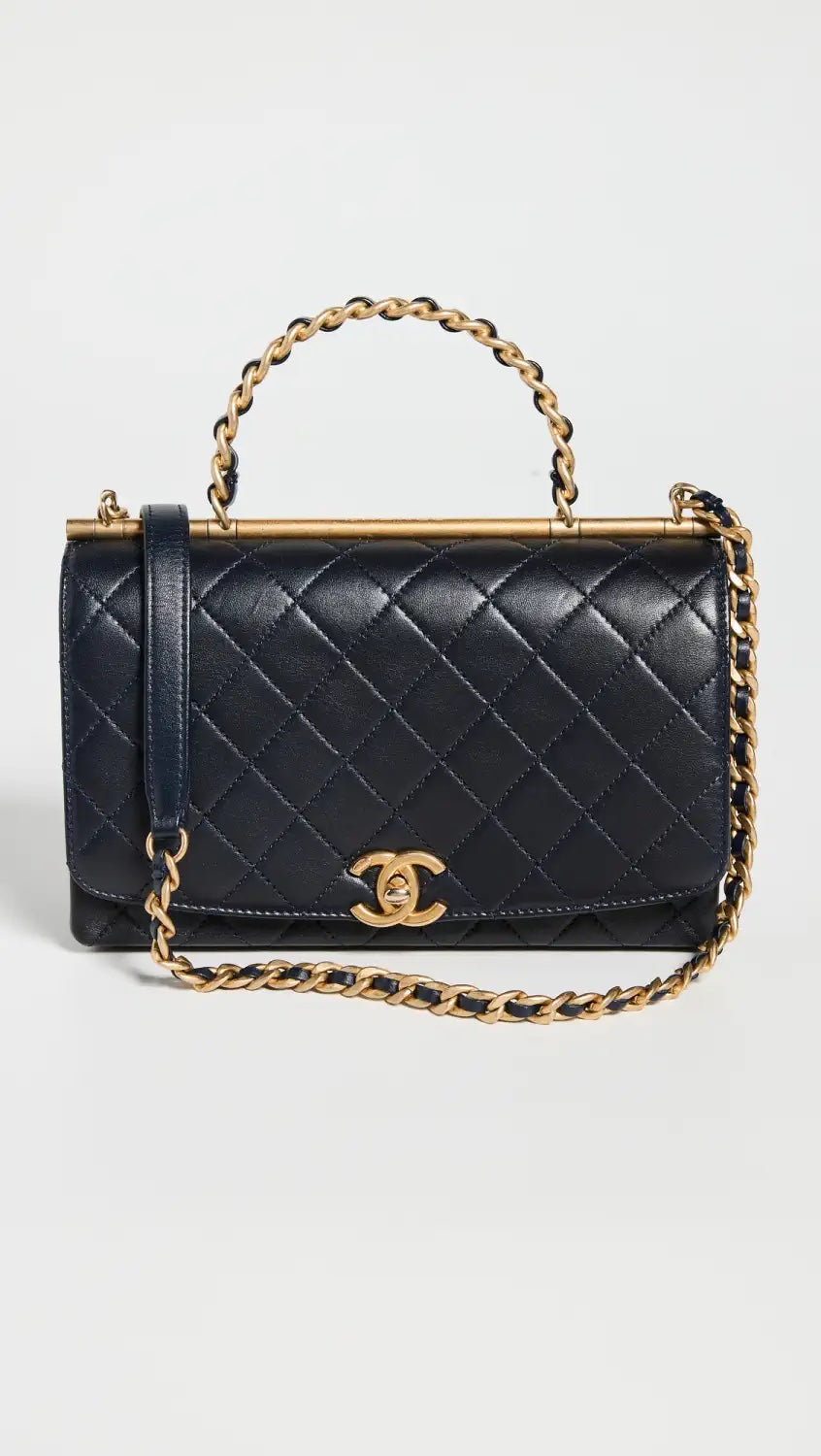 CHANEL TWO-TONE CHAIN QUILTED LAMBSKIN TOP HANDLE FLAP BAG