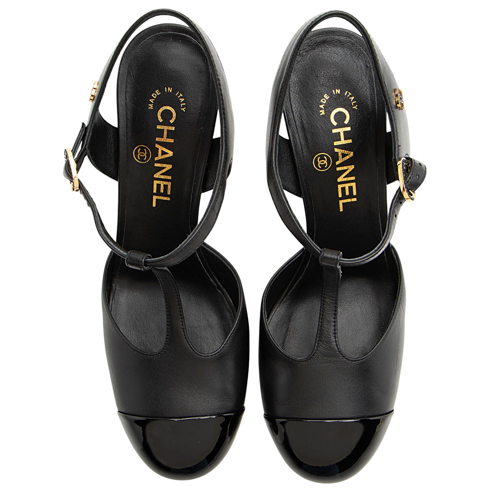 Chanel Lambskin Crystal CC Cap Toe T-Strap Pumps - Size 8.5 / 38.5 (SHF-hgEKsW)