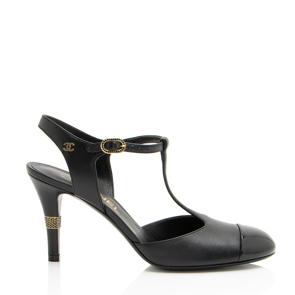 Chanel Lambskin Crystal CC Cap Toe T-Strap Pumps - Size 8.5 / 38.5 (SHF-hgEKsW)