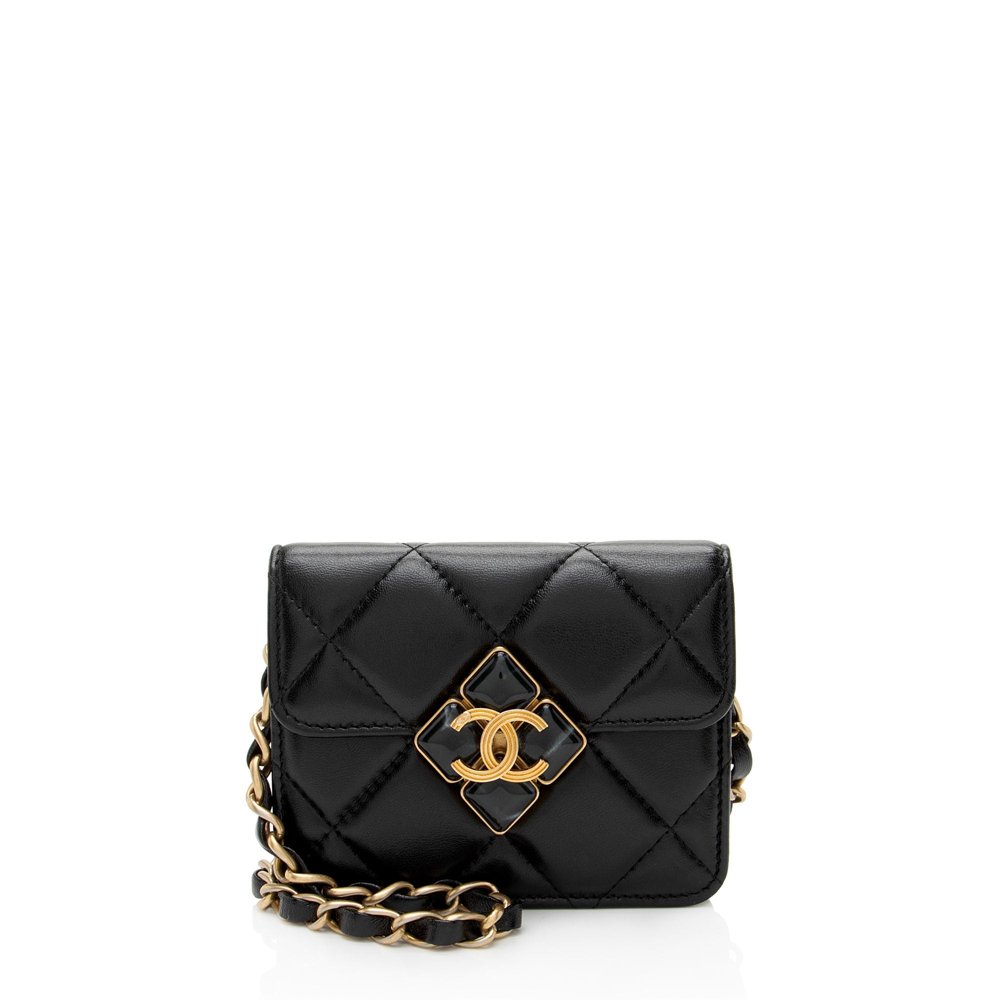 Chanel Lambskin Diamond Lock Card Holder on Chain