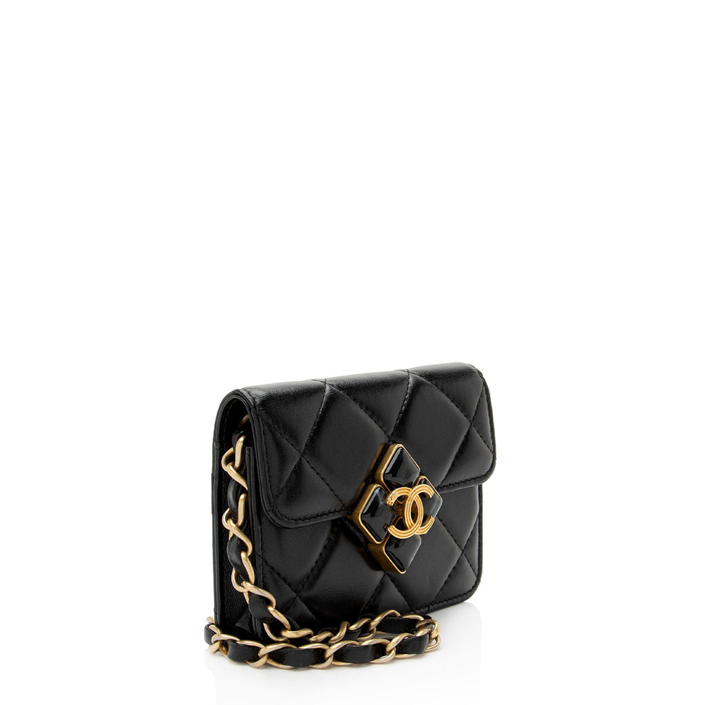 Chanel Lambskin Diamond Lock Card Holder on Chain