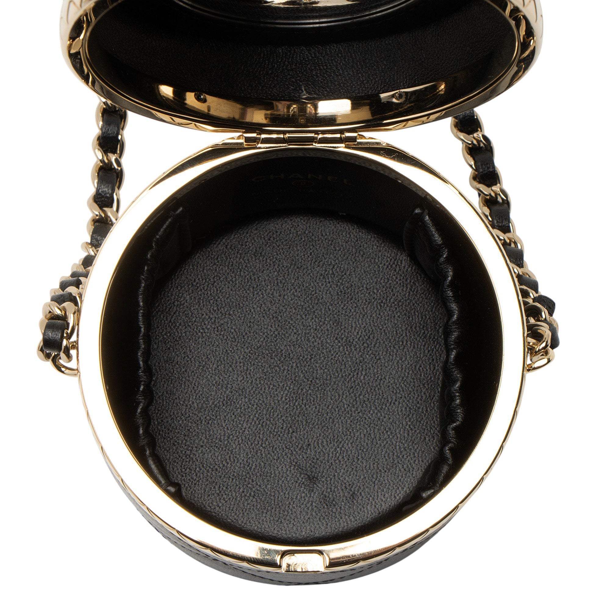 Chanel Lambskin Lock Frame Round Mini Vanity Case with Chain