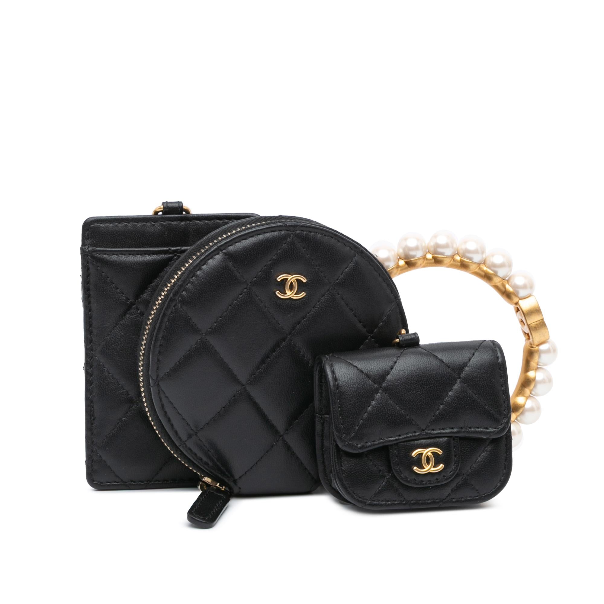 Chanel Lambskin Pearl Crown CC Wristlet Multi Pouches