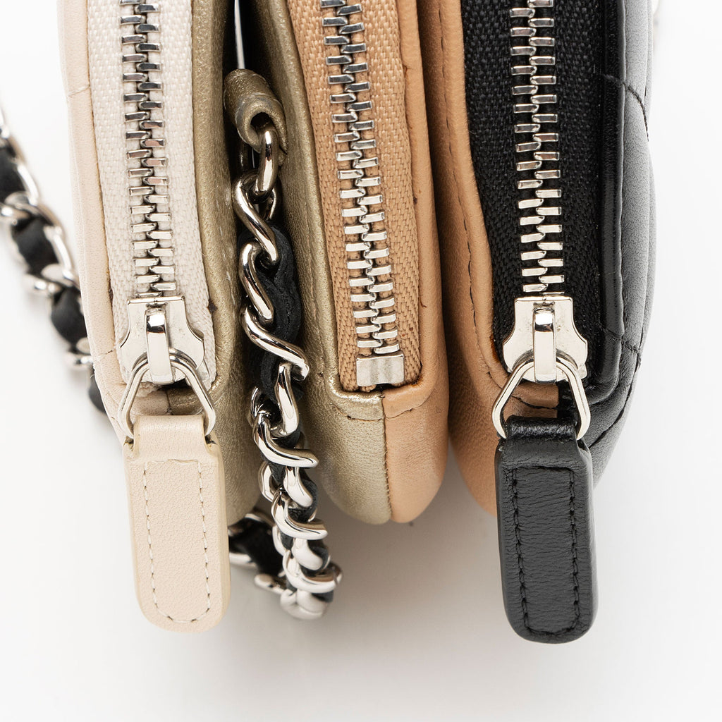 Chanel Lambskin Triple Zip Round Clutch with Chain