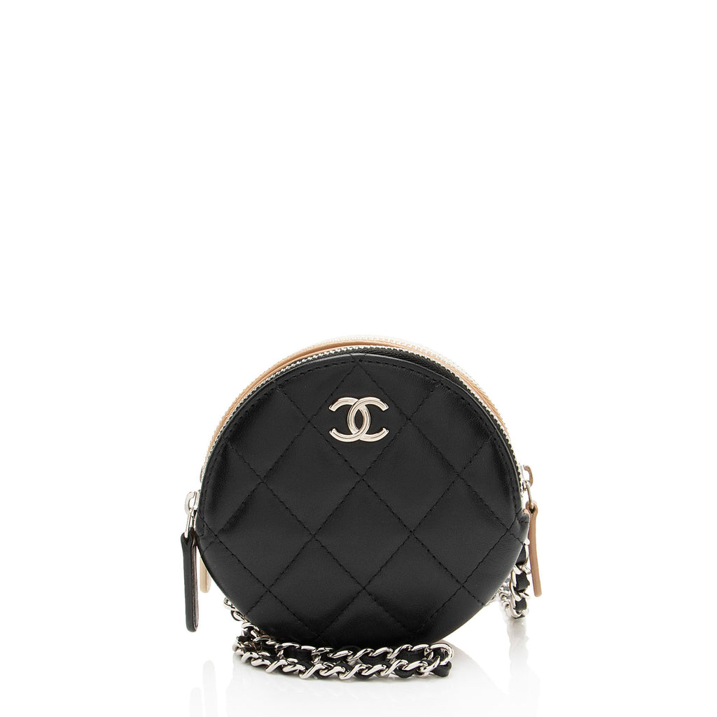 Chanel Lambskin Triple Zip Round Clutch with Chain