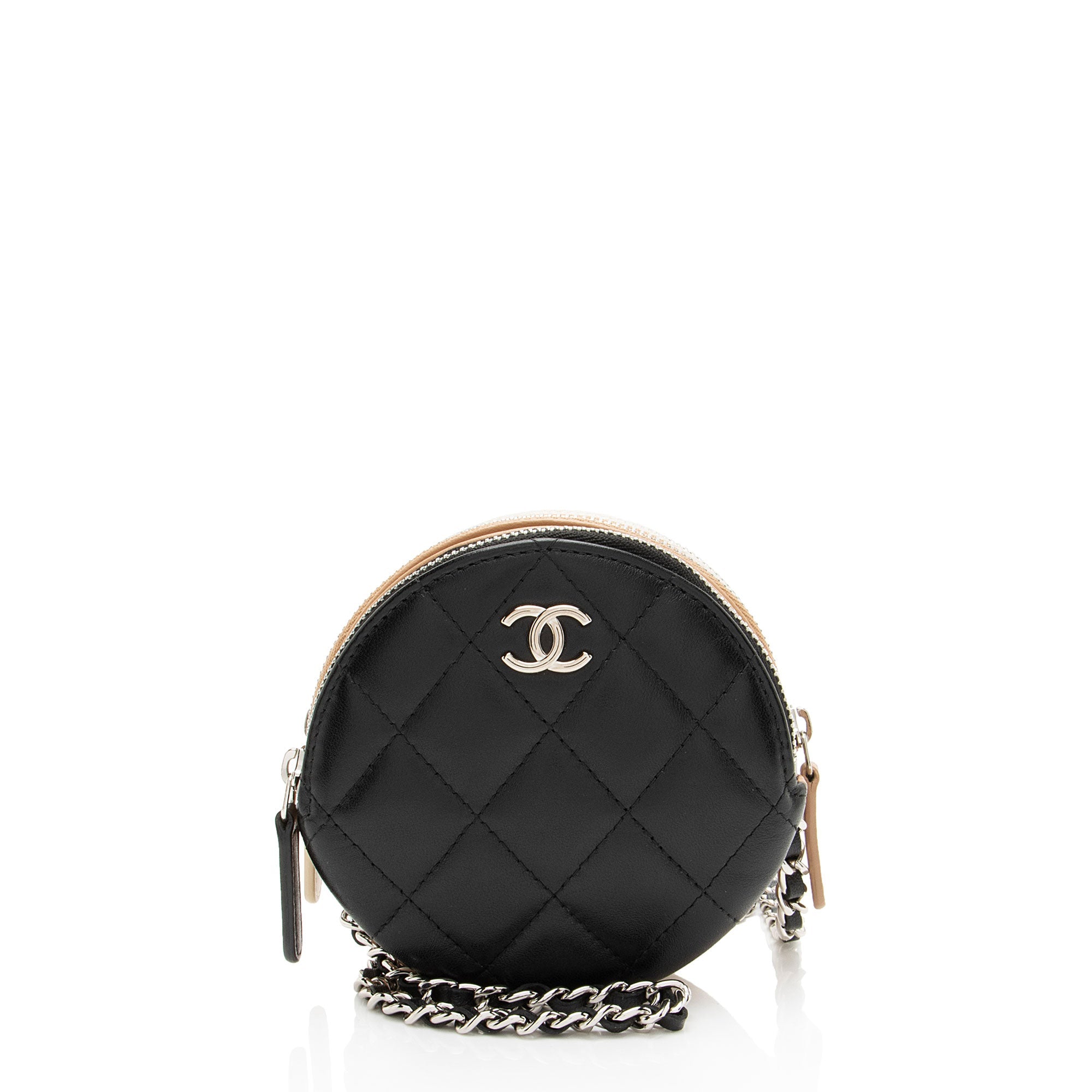 Chanel Lambskin Triple Zip Round Clutch with Chain