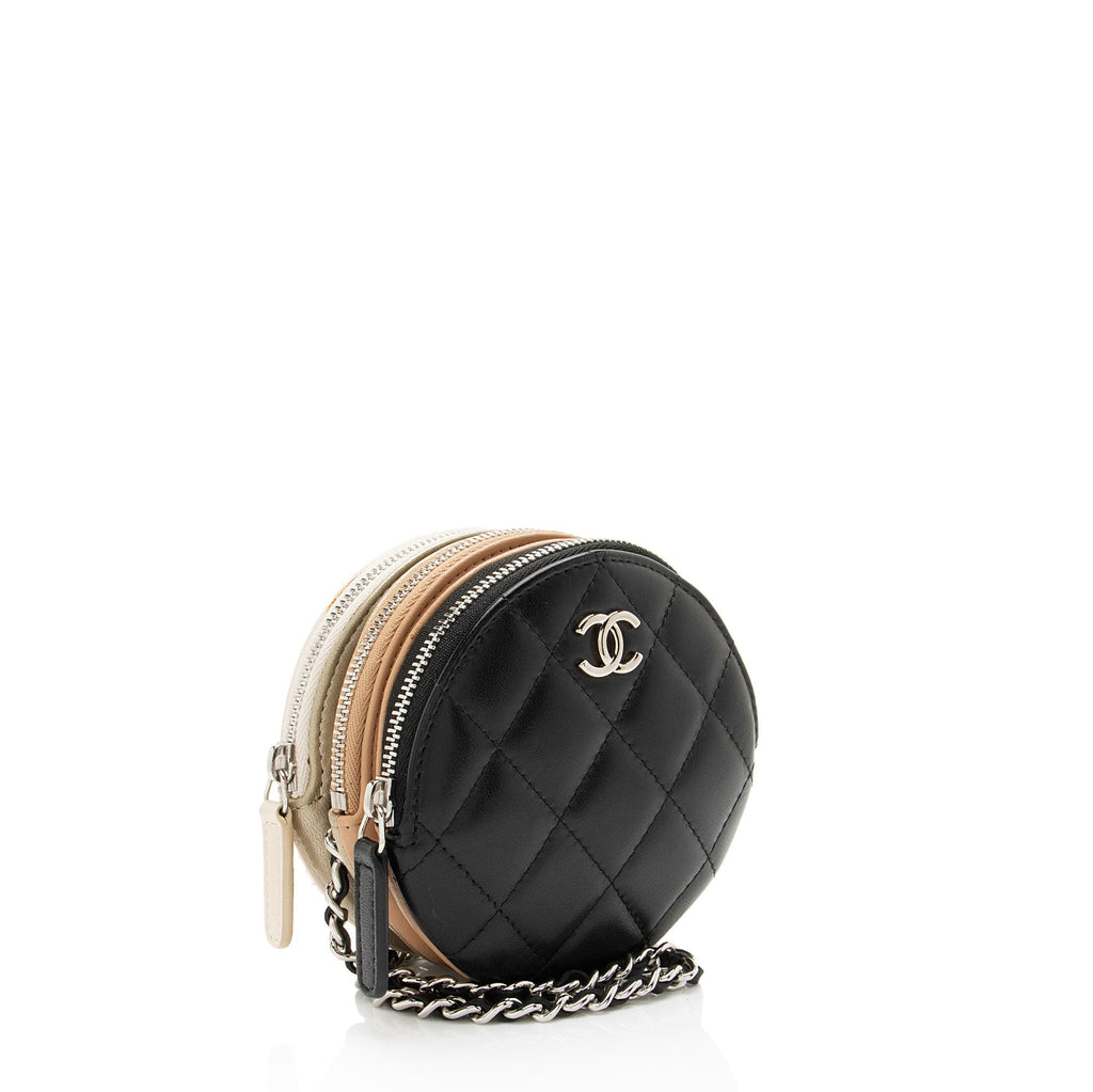 Chanel Lambskin Triple Zip Round Clutch with Chain