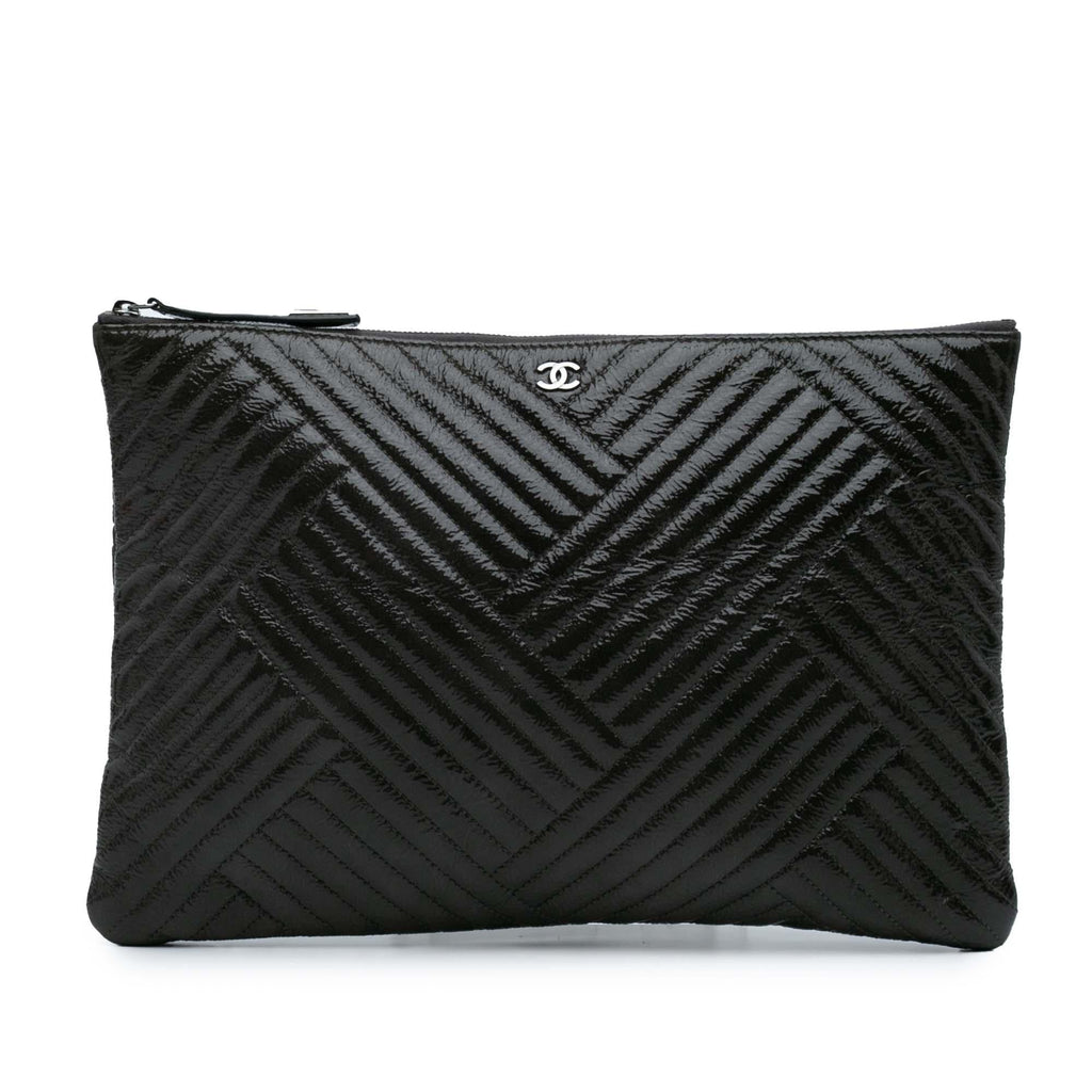 Chanel Large CC Distressed Quilted Patent Chevron Crossing O Case