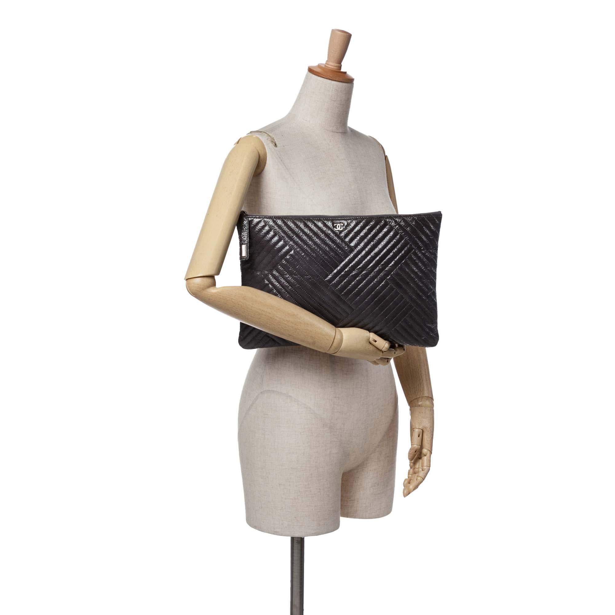 Chanel Large CC Distressed Quilted Patent Chevron Crossing O Case