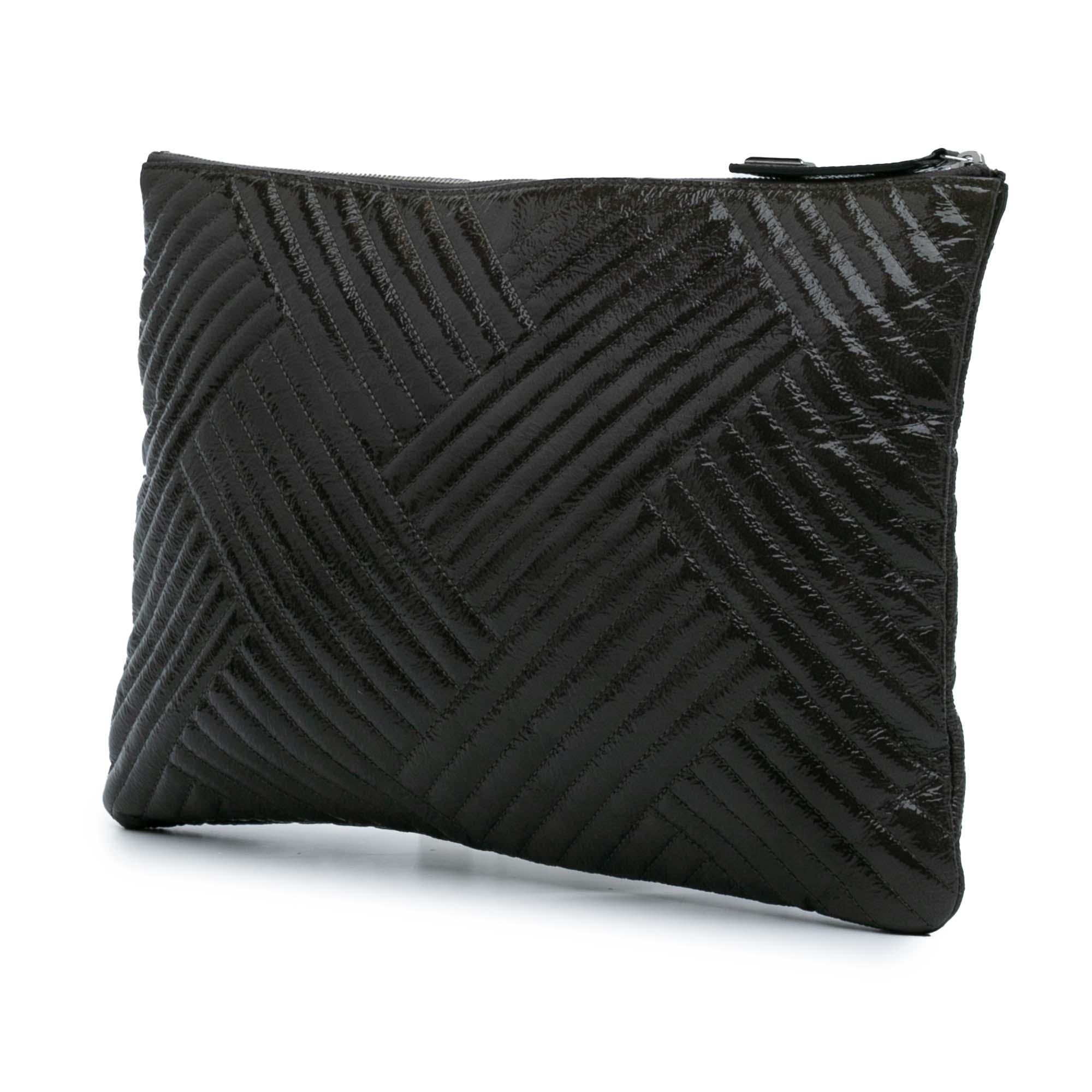 Chanel Large CC Distressed Quilted Patent Chevron Crossing O Case