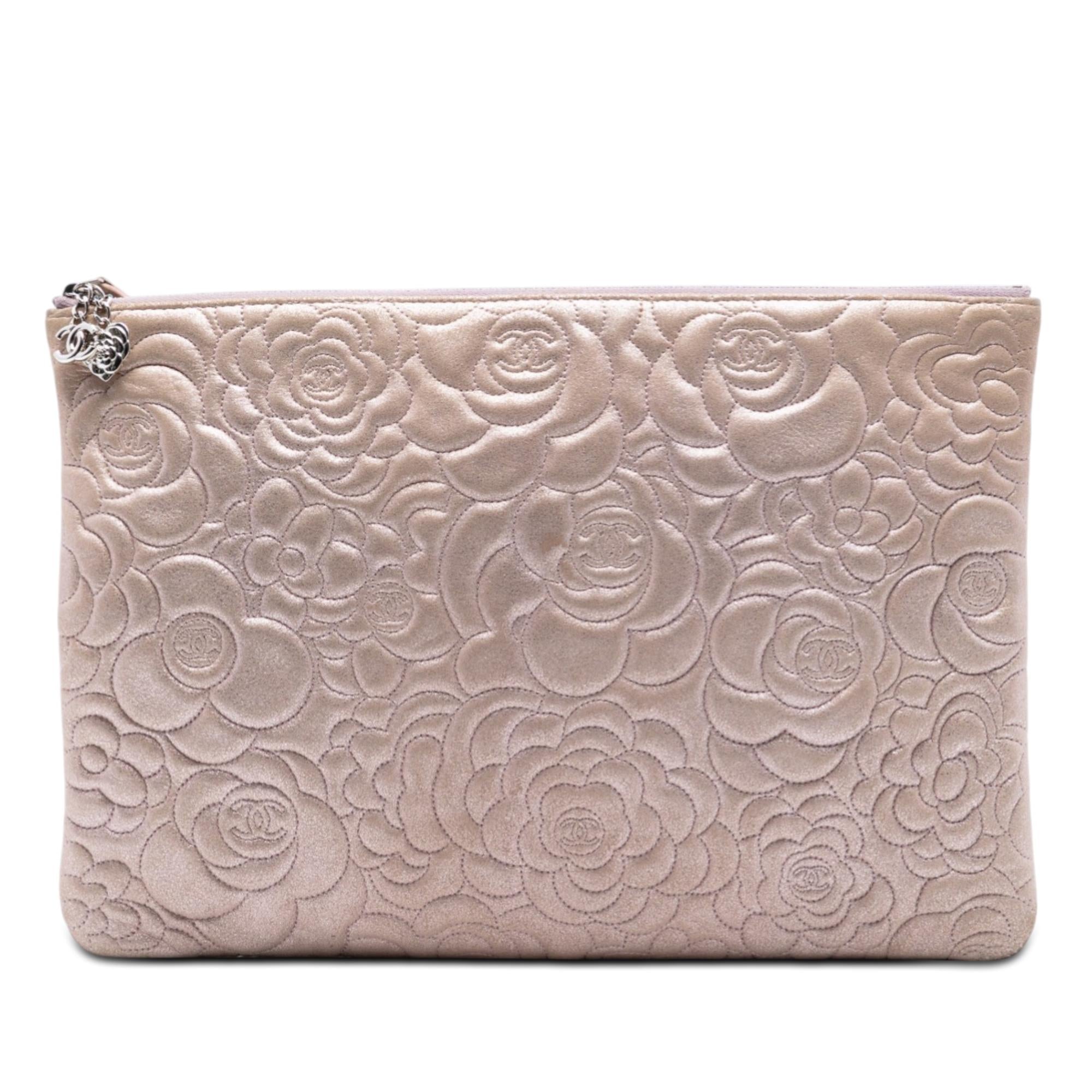 Chanel Large CC Embossed Metallic Lambskin Camellia O Case Clutch