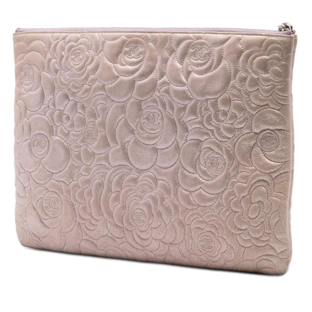 Chanel Large CC Embossed Metallic Lambskin Camellia O Case Clutch