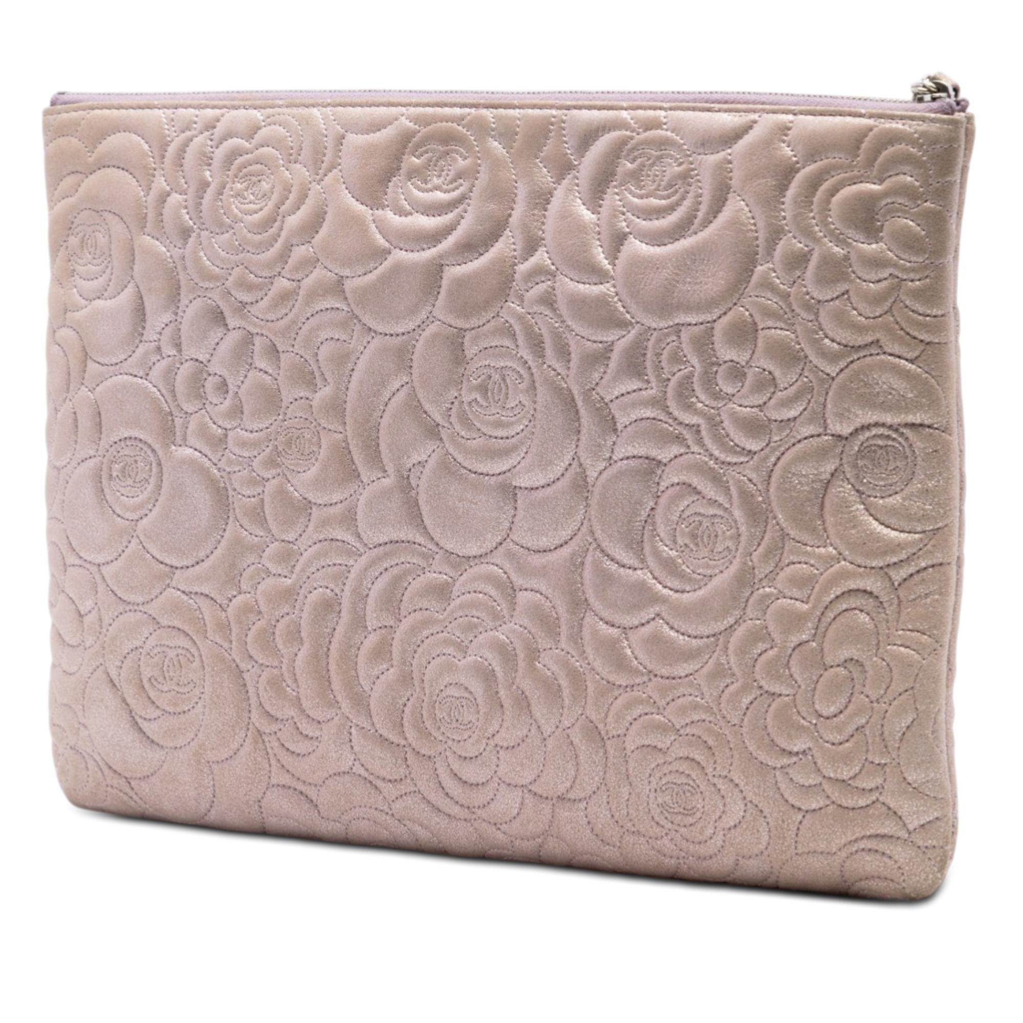 Chanel Large CC Embossed Metallic Lambskin Camellia O Case Clutch
