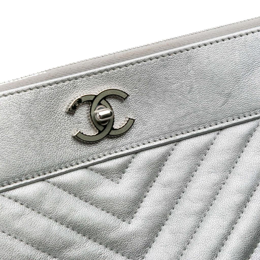 Chanel Large Chevron Metallic Lambskin Mademoiselle Zip Clutch
