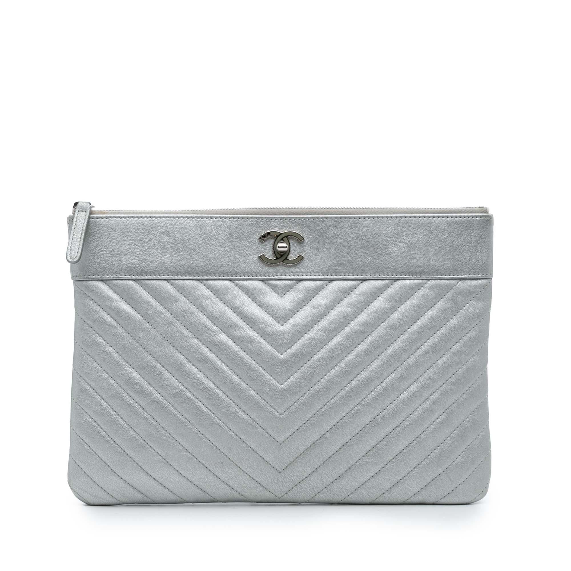 Chanel Large Chevron Metallic Lambskin Mademoiselle Zip Clutch