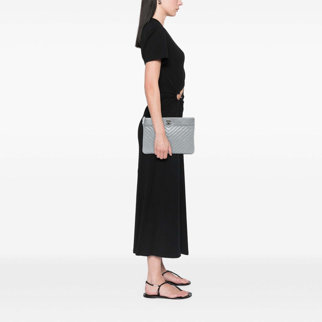 Chanel Large Chevron Metallic Lambskin Mademoiselle Zip Clutch