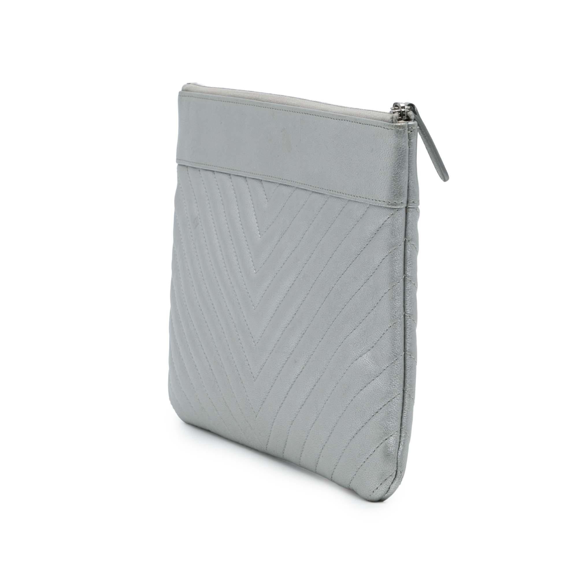 Chanel Large Chevron Metallic Lambskin Mademoiselle Zip Clutch
