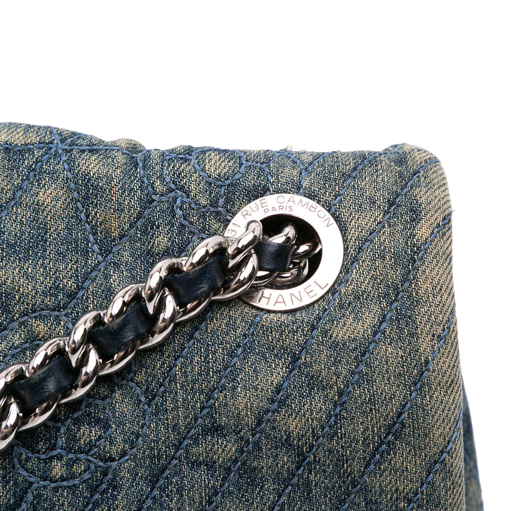 Chanel Large Embroidered Denim Camellia Flap