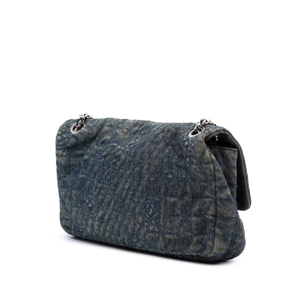 Chanel Large Embroidered Denim Camellia Flap