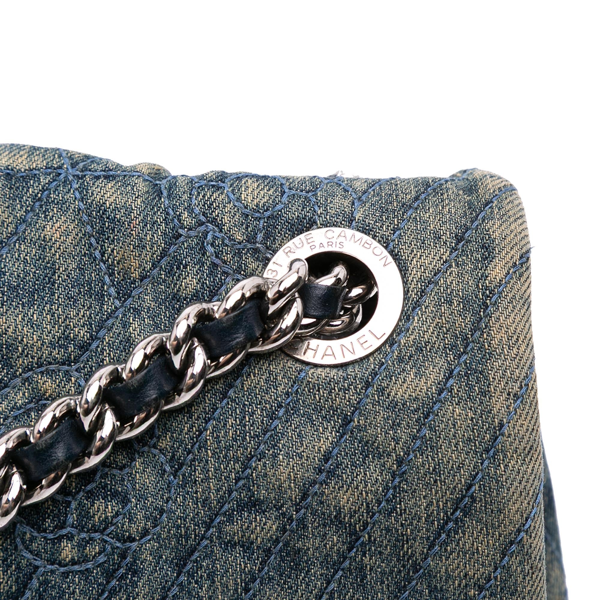 Chanel Large Embroidered Denim Camellia Flap