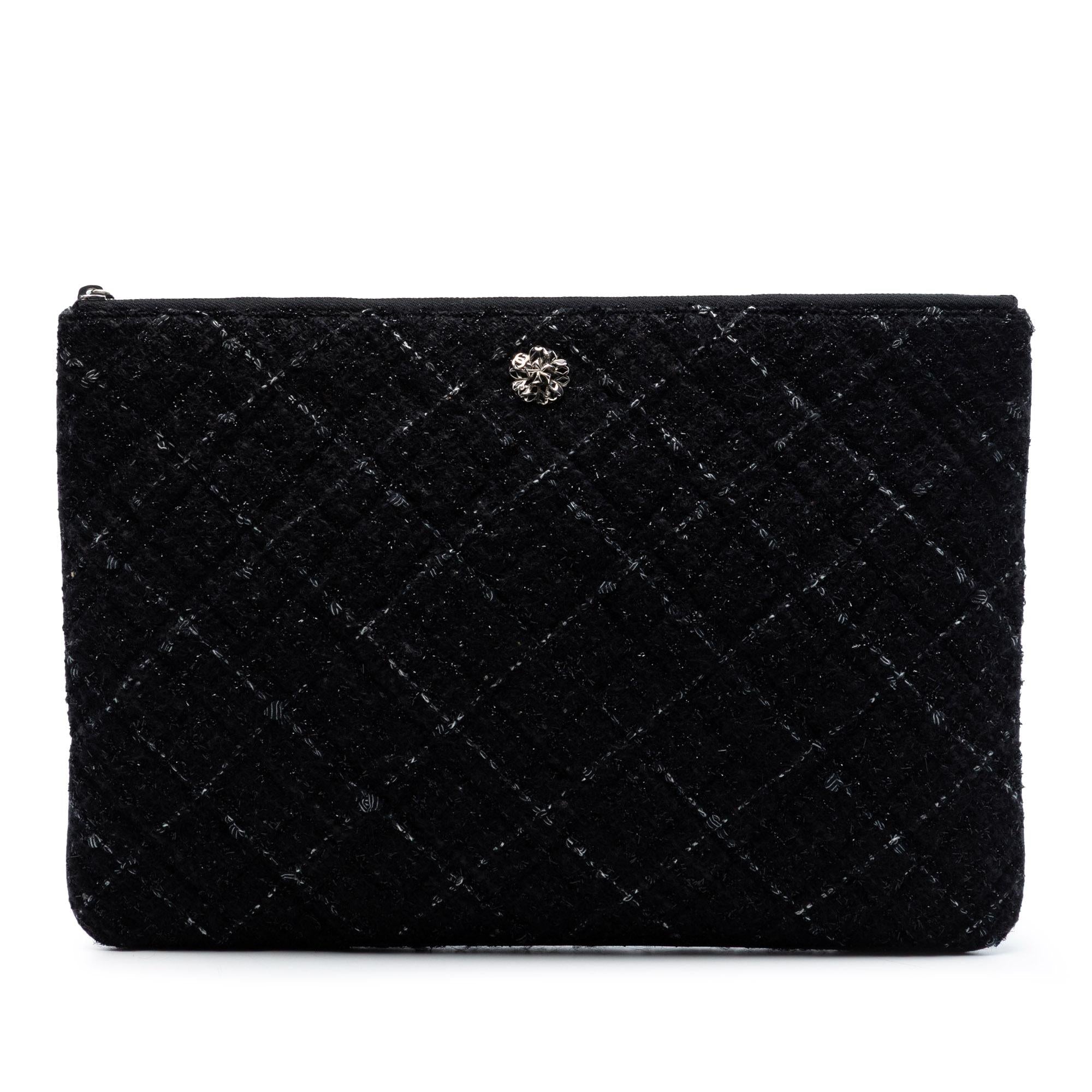 Chanel Large Quilted Tweed and Lambskin Camellia O Case Clutch