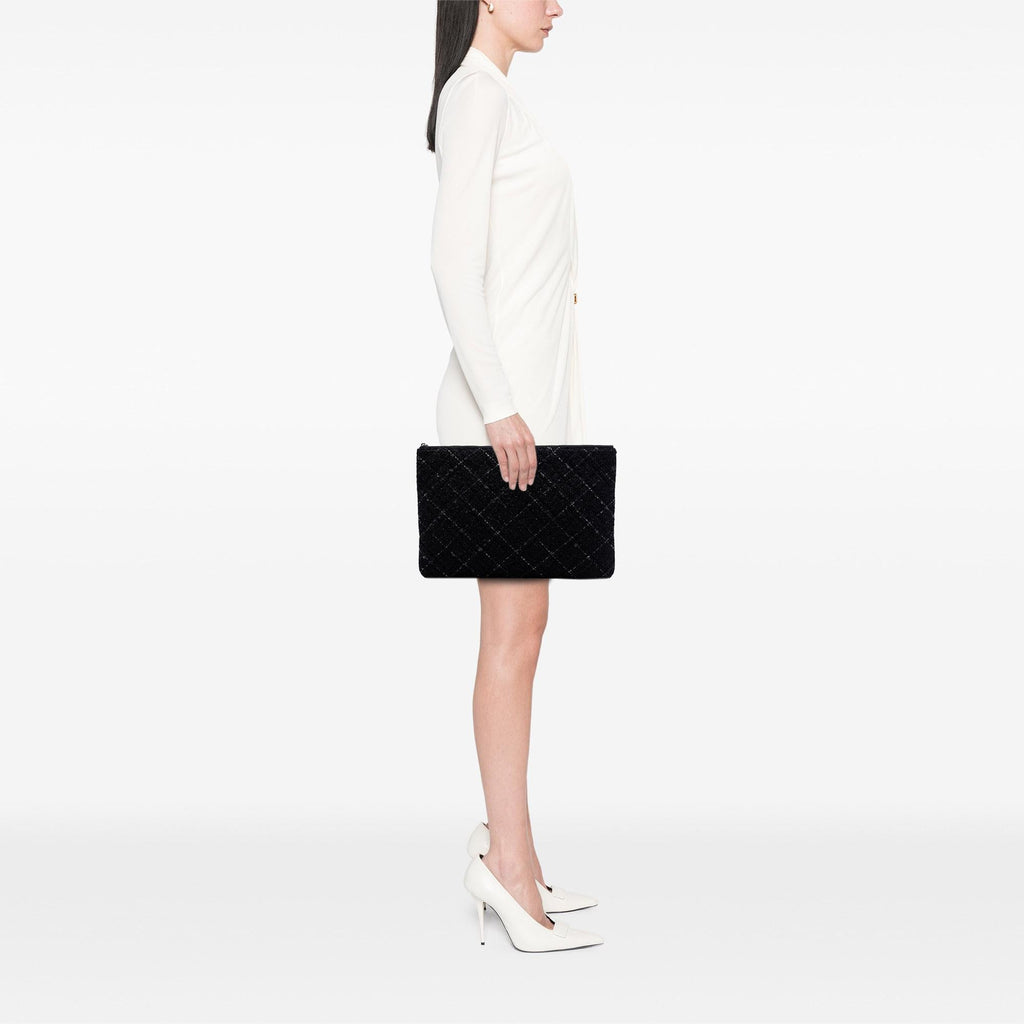 Chanel Large Quilted Tweed and Lambskin Camellia O Case Clutch