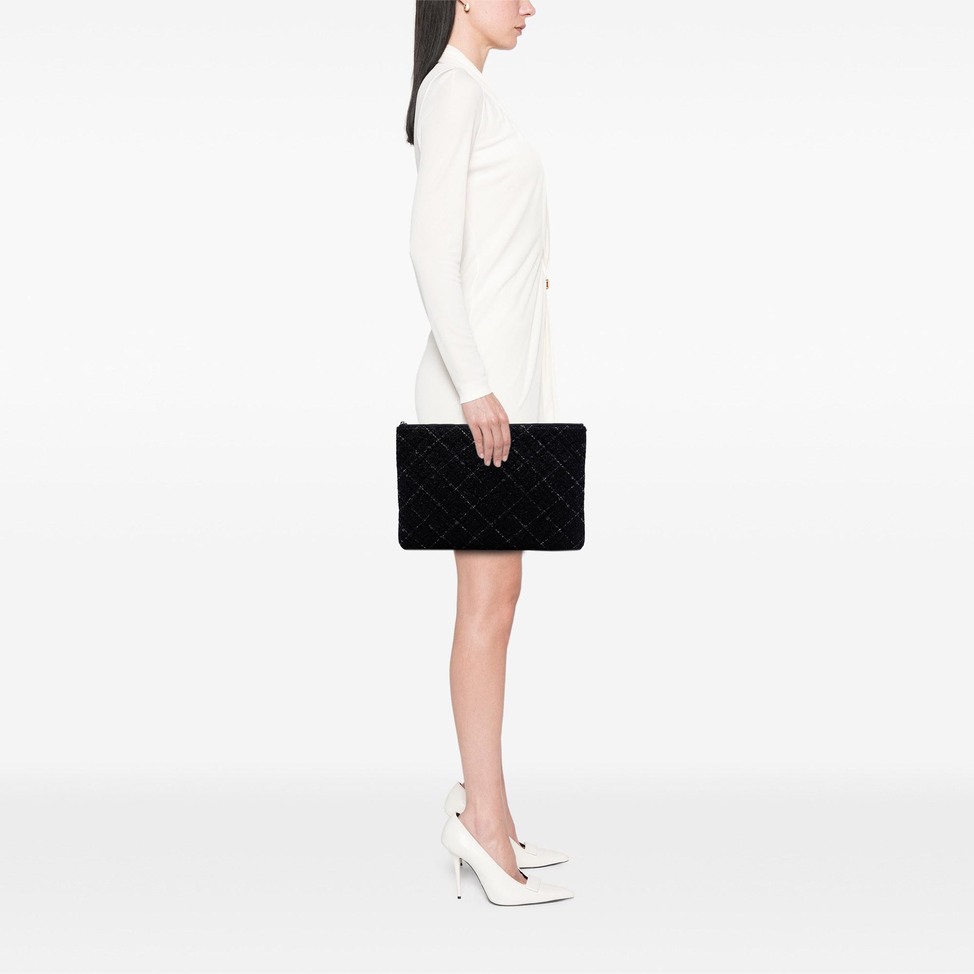 Chanel Large Quilted Tweed and Lambskin Camellia O Case Clutch