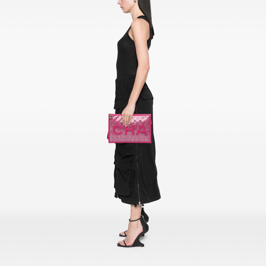 Chanel Large Tweed PVC Logo Wristlet Pouch
