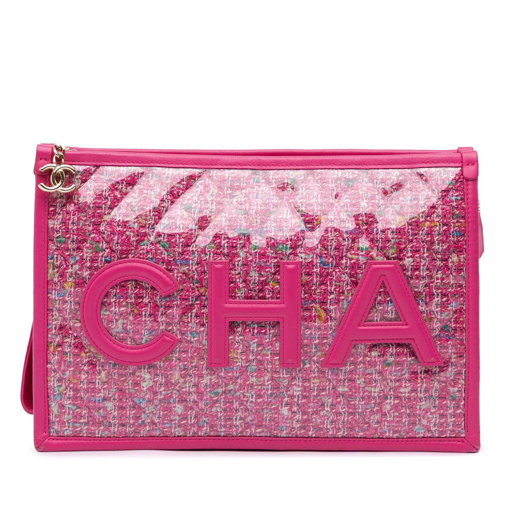 Chanel Large Tweed PVC Logo Wristlet Pouch