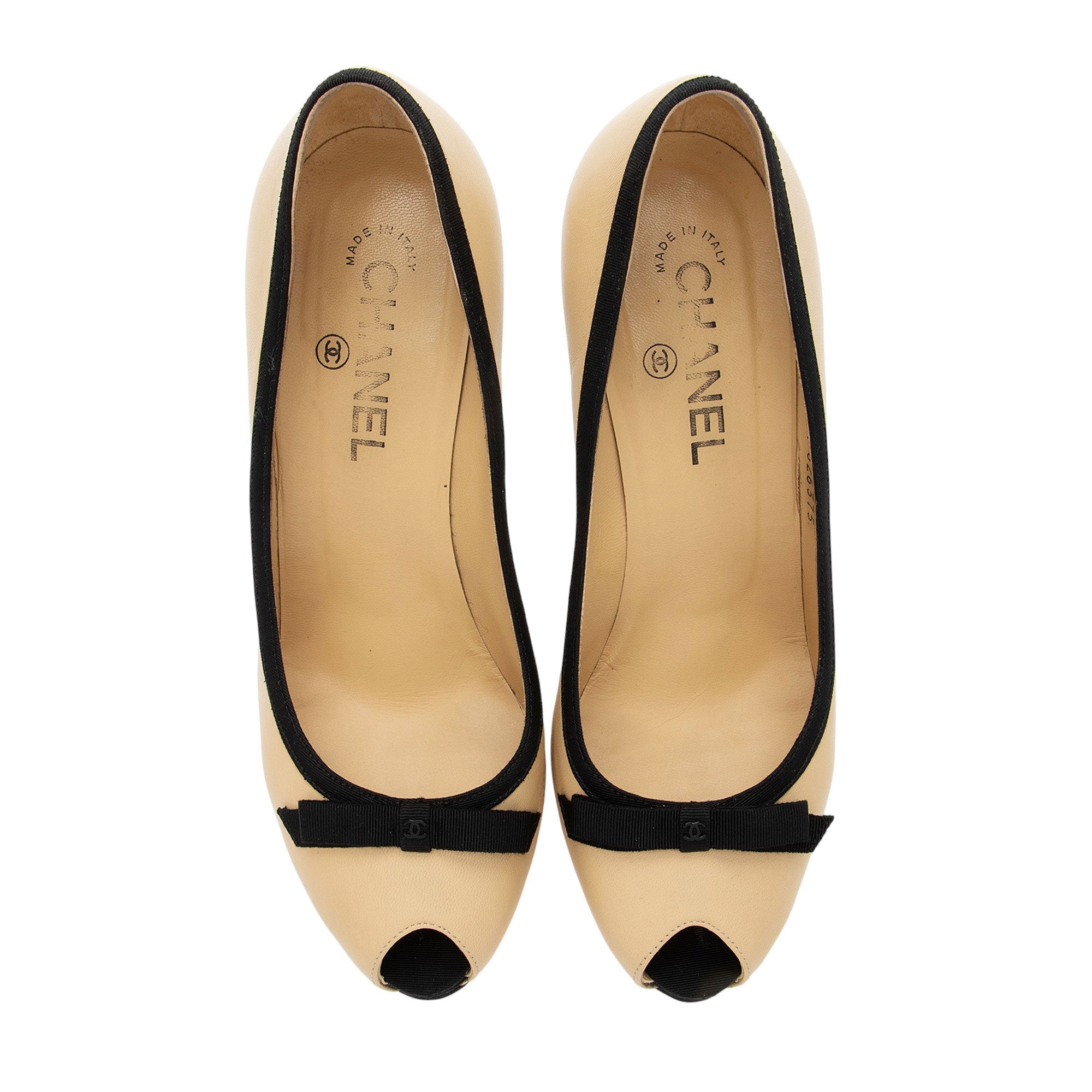 Chanel Leather Grosgrain Bow Peep Toe Pumps - Size 9.5 / 39.5