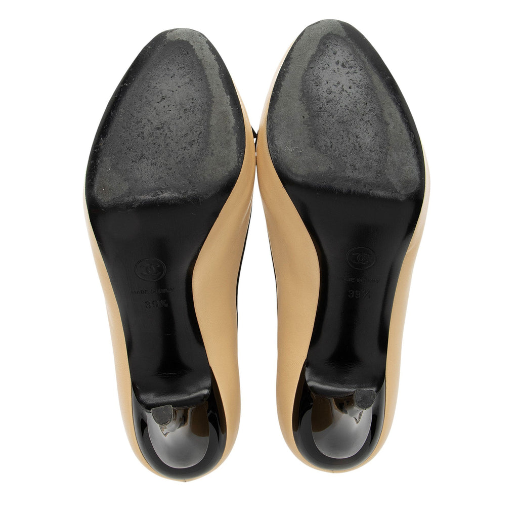 Chanel Leather Grosgrain Bow Peep Toe Pumps - Size 9.5 / 39.5