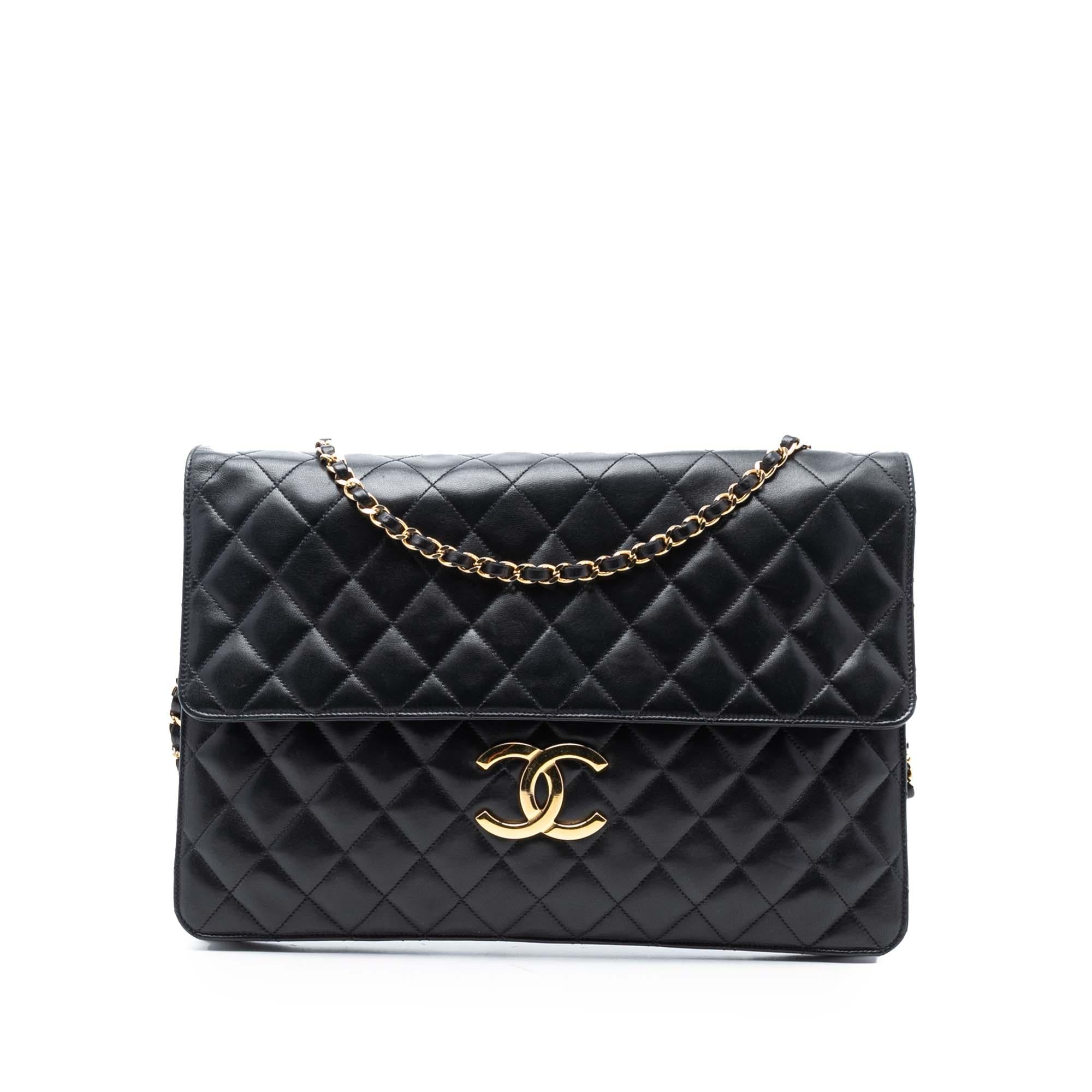 Chanel Maxi XL Quilted Lambskin Clutch with Chain