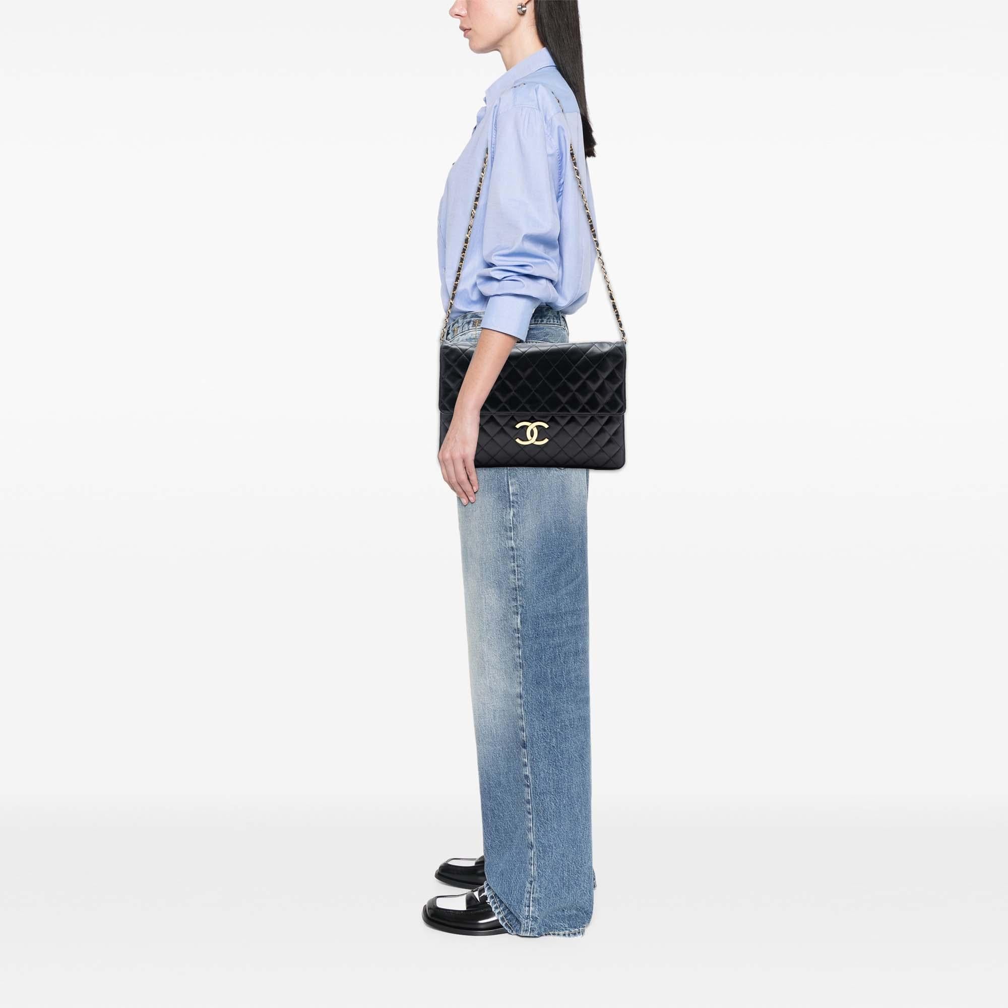 Chanel Maxi XL Quilted Lambskin Clutch with Chain