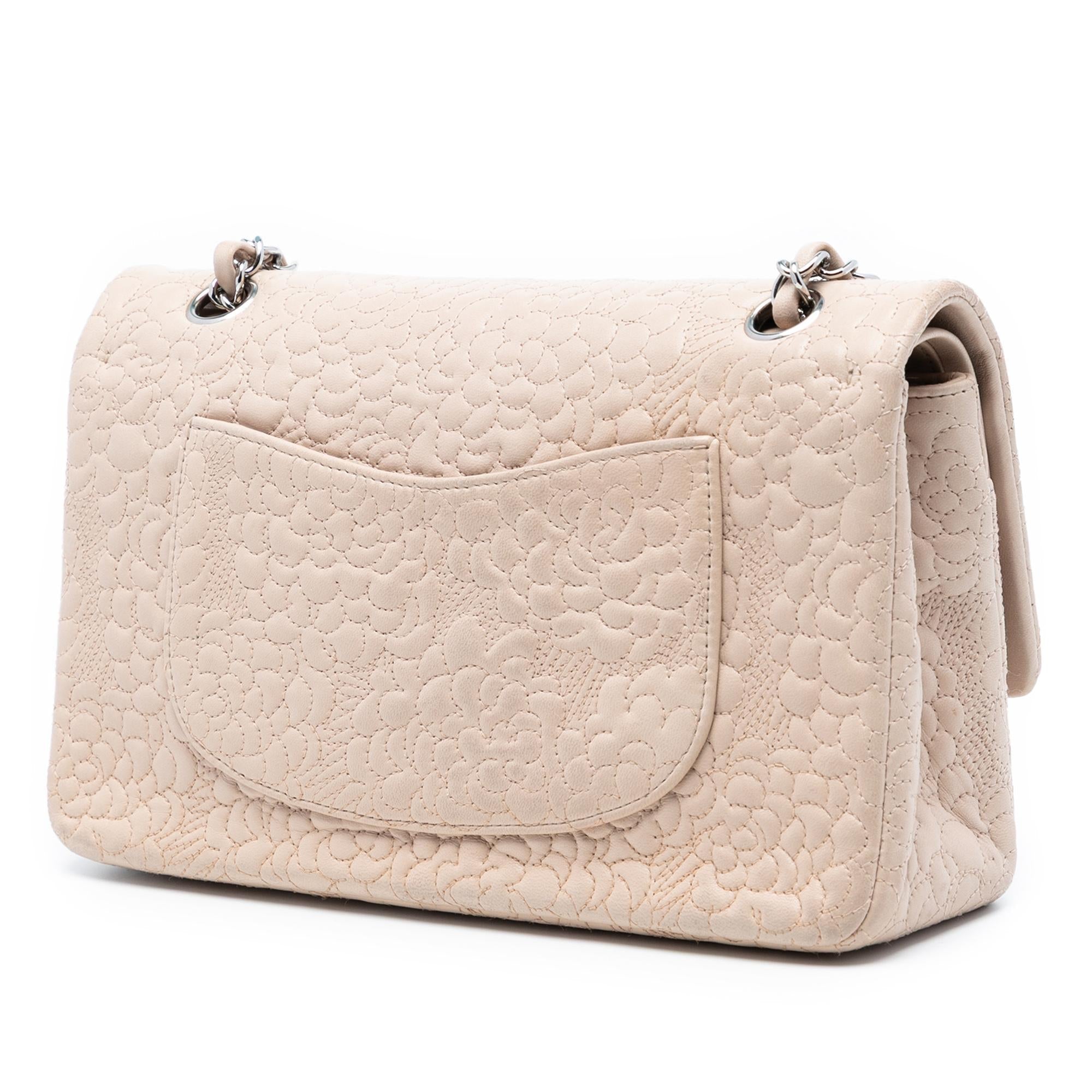 Chanel Medium Classic Lambskin Camellia Stitched Double Flap