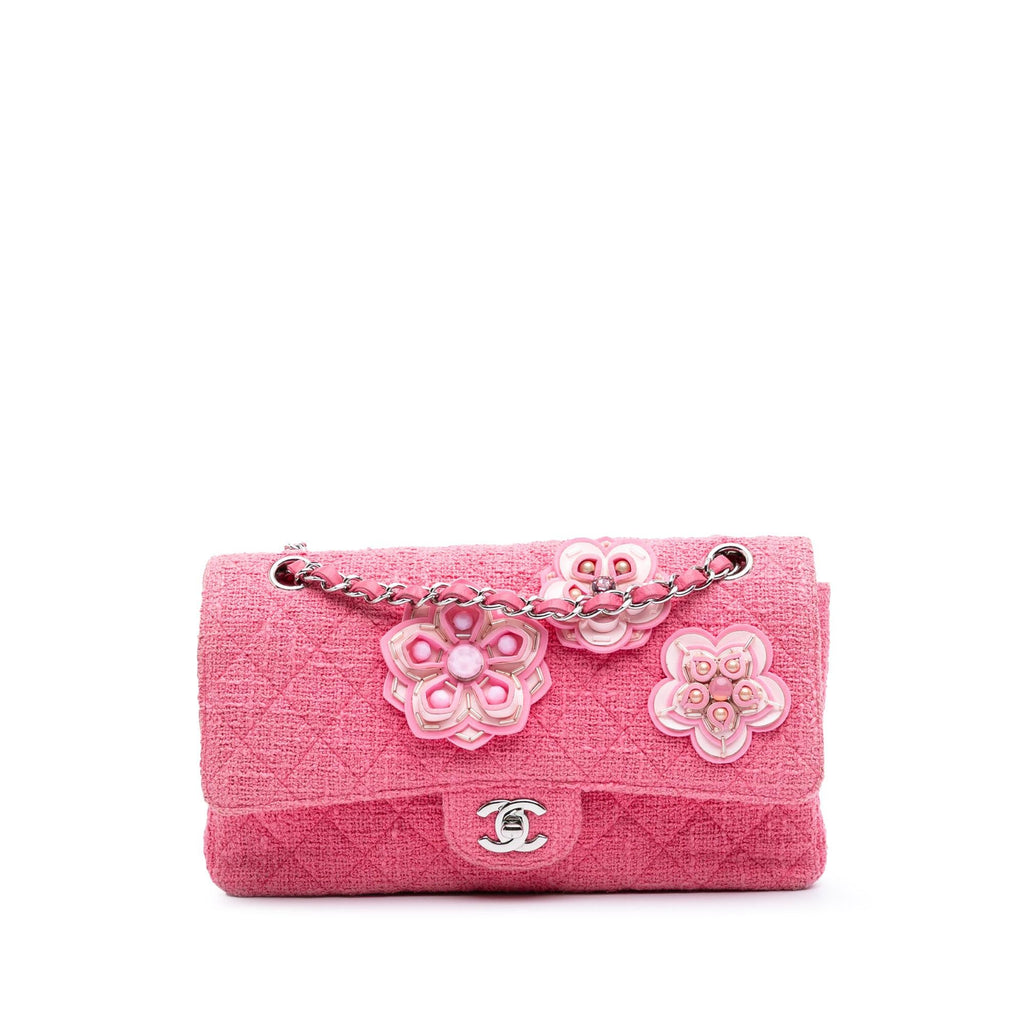 Chanel Medium Classic Tweed Beaded Flower Double Flap