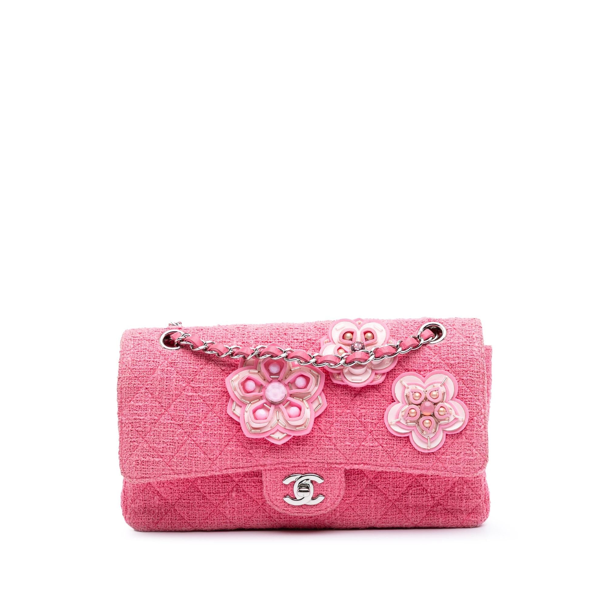 Chanel Medium Classic Tweed Beaded Flower Double Flap