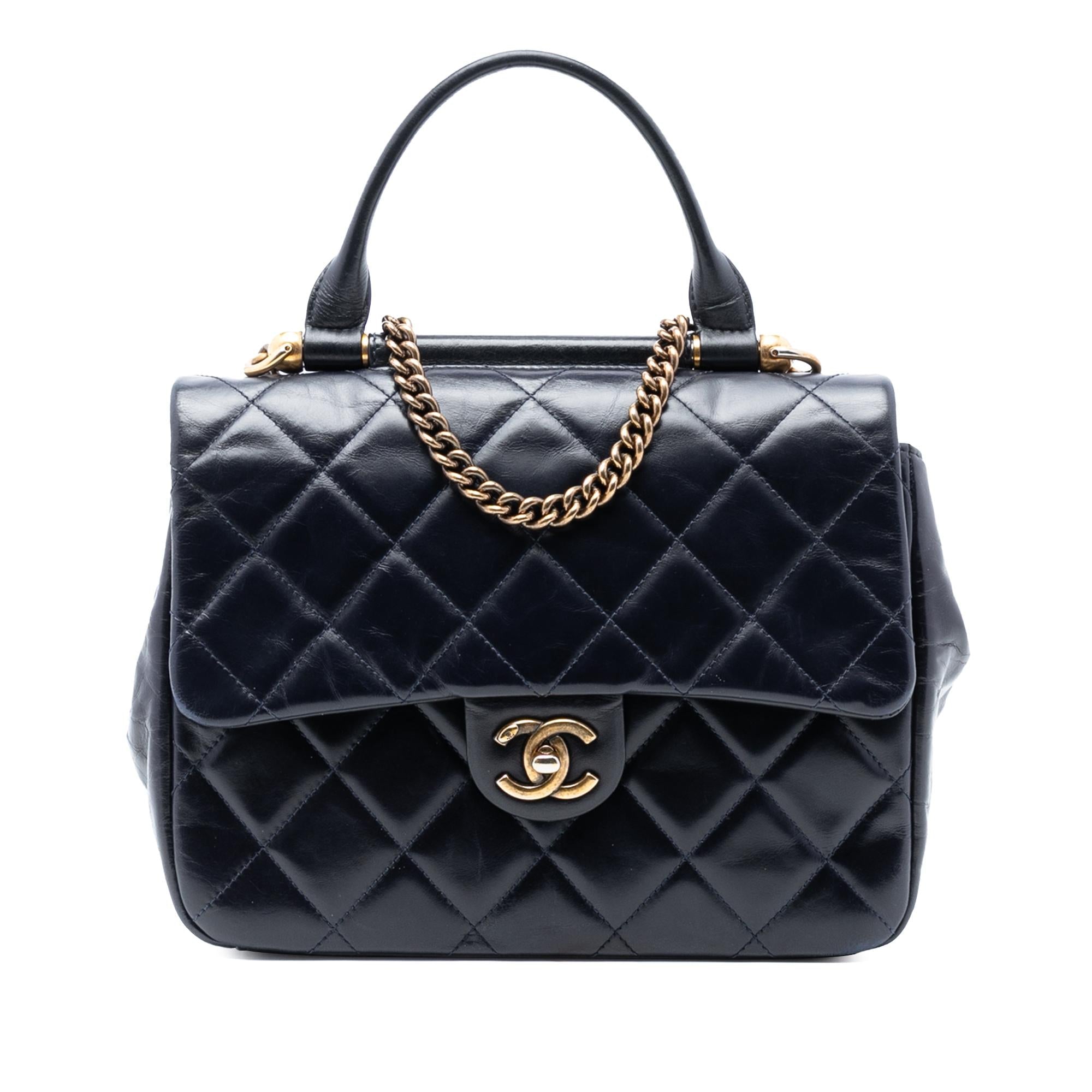 Chanel Medium Quilted Glazed Calfskin Gold Bar Top Handle Flap