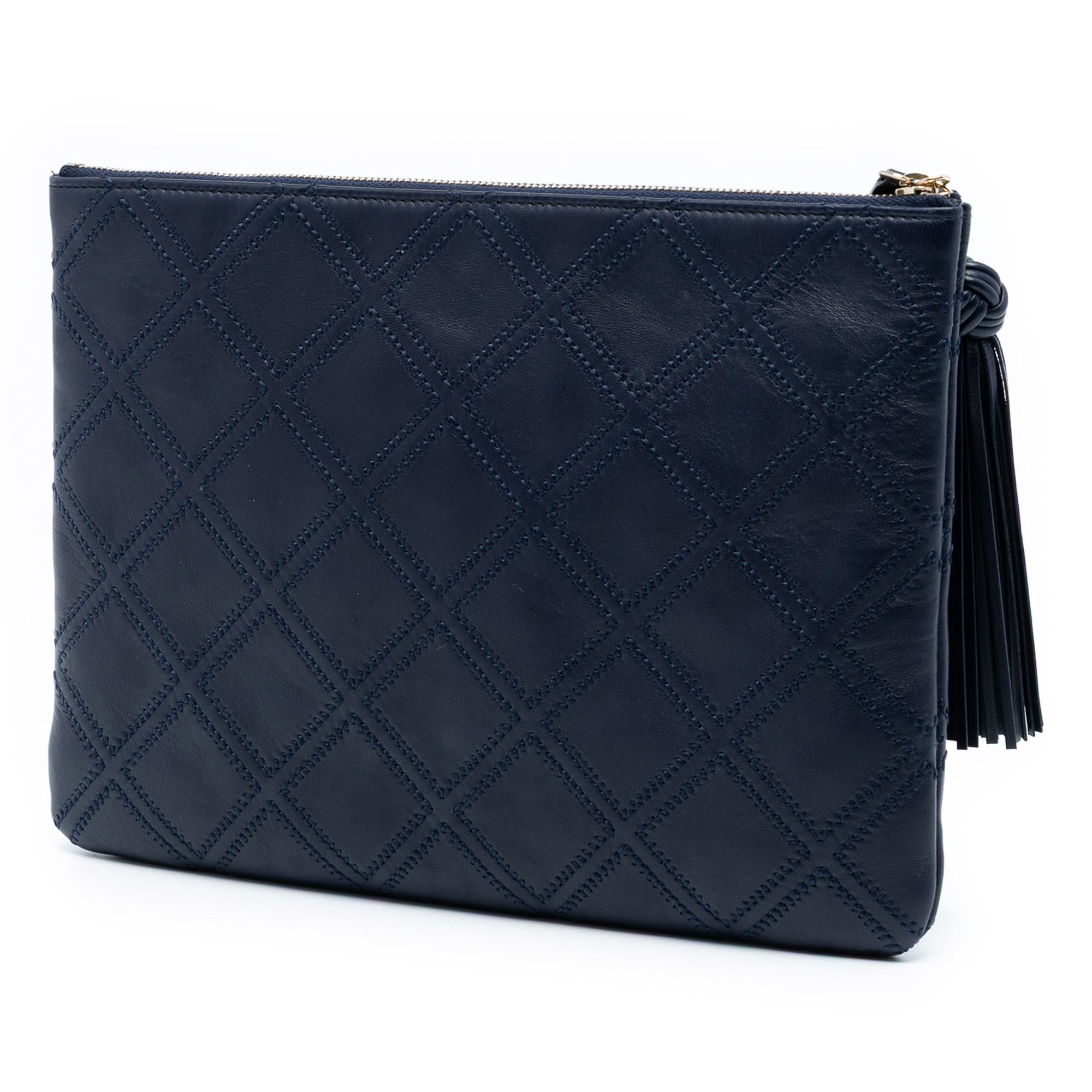 Chanel Medium Quilted Lambskin Double Stitch Tassel O Case Clutch