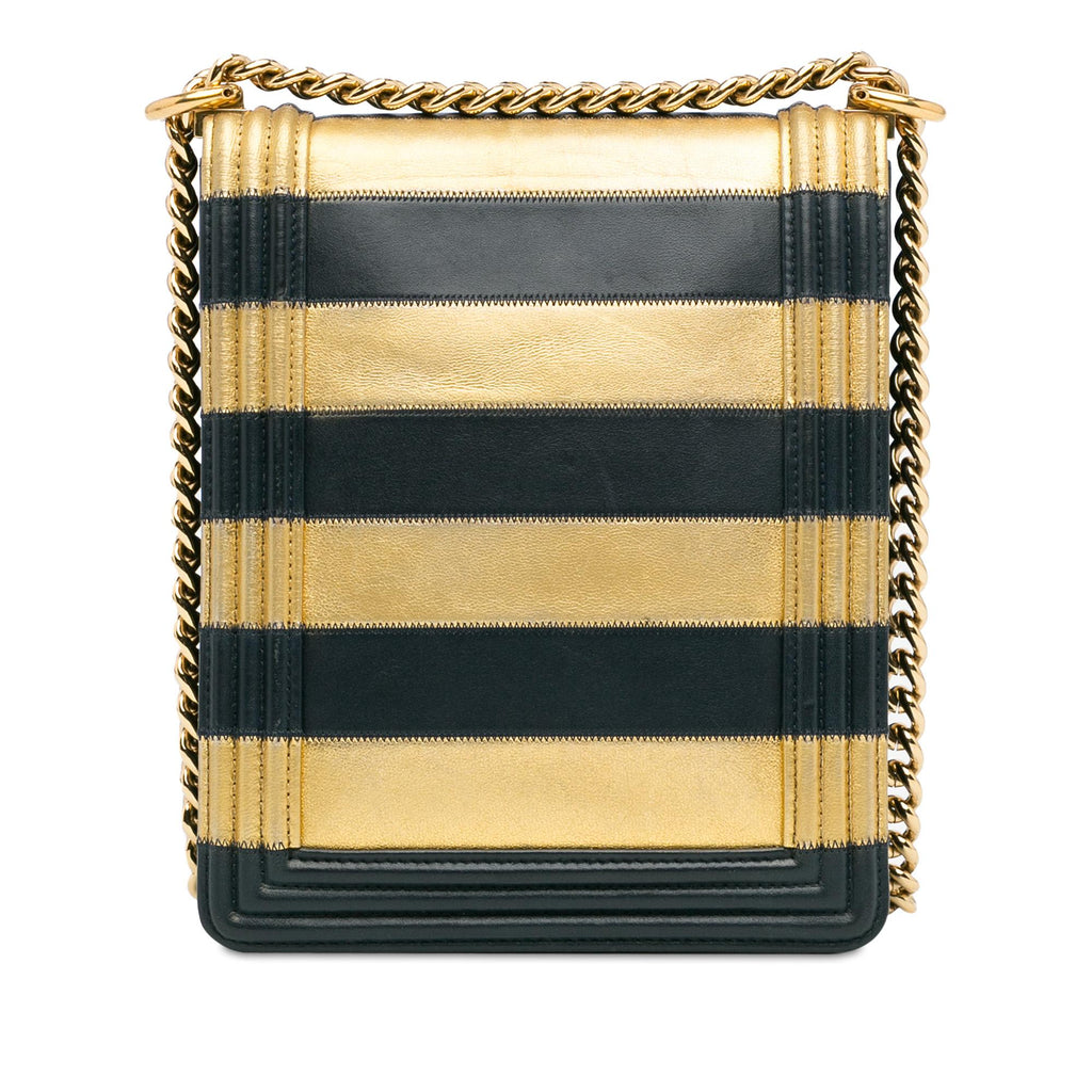 Chanel Metallic Lambskin Striped North South Boy Flap (SHG-gdf9Ua)