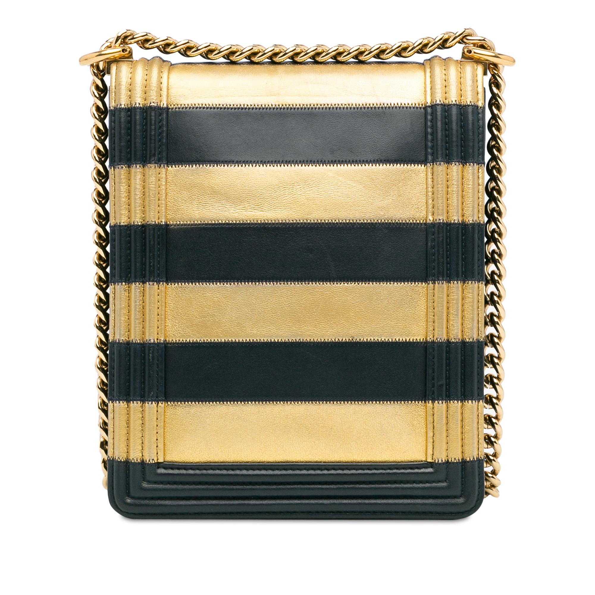 Chanel Metallic Lambskin Striped North South Boy Flap (SHG-gdf9Ua)